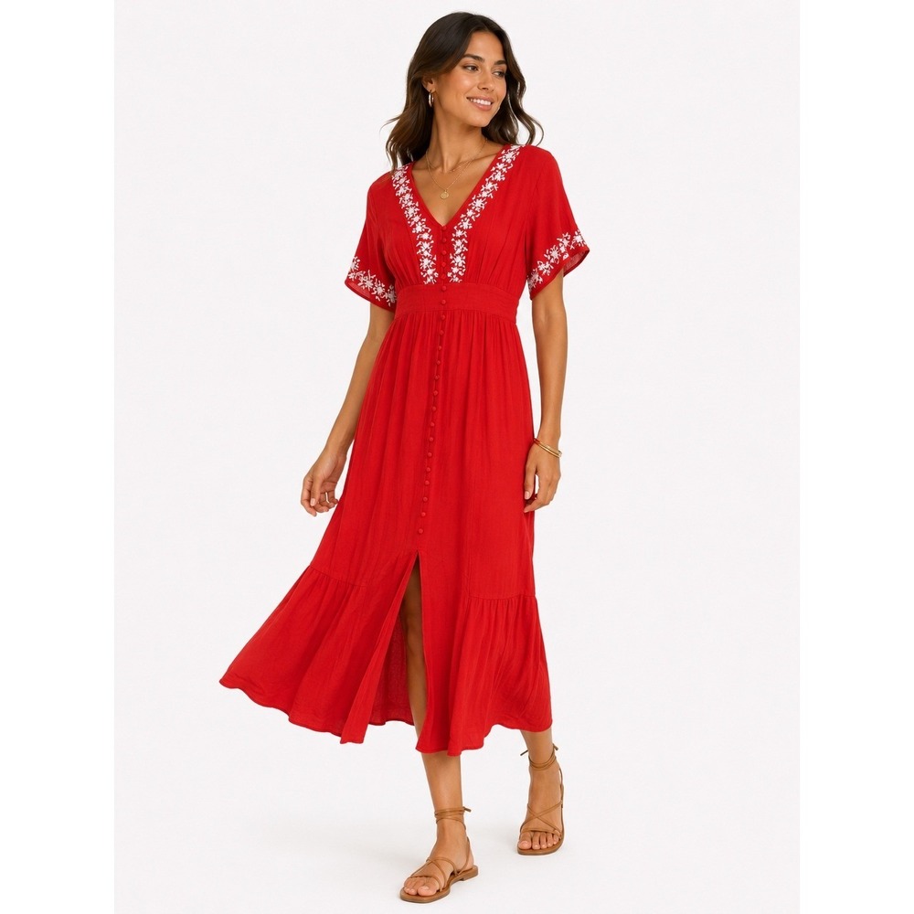 Alya Maxi Dress Women Medium Red Embroidered V-Neck Button Front Boho Gown